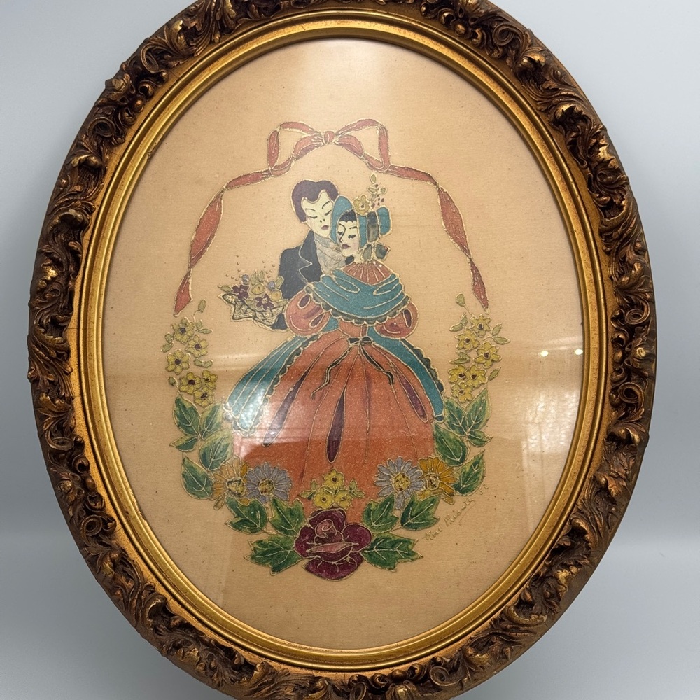 Vintage framed Oval ornate golden victorian painted couple 1952